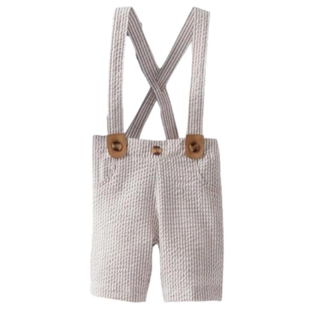Mud Pie Tan White Striped Seersucker Suspender Shorts Size 12-18 Months